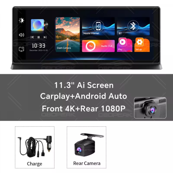 K2 Pro 11.3" Car DVR 4K Camera Wireless Carplay Android Auto Ai Screen Dash Cam Dual Len Video Recorder GPS Navigation Dashboard - Image 9