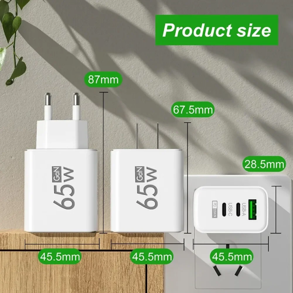 Total 65W Gan Charger USB PD Type C Fast Charging Muti 3 Ports Mobile Phone Adapter for Iphone 15 Pro Max Samsung Xiaomi Huawei - Image 4