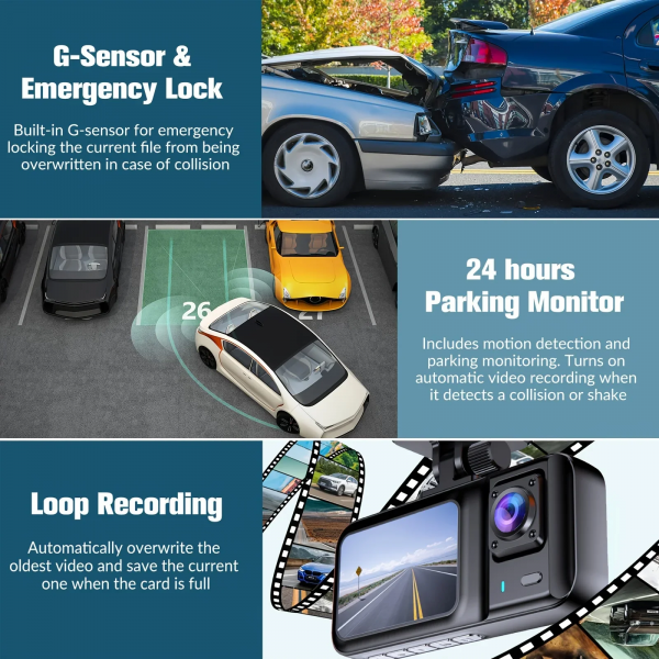 Dash Cam Front and Rear and inside 1080P Full HD 3 Way Dash Cam 3 Cameras Vidoe Recorder Black Box with 3 Cameras - Image 5