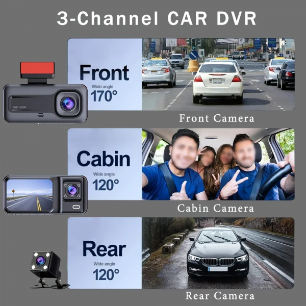 Dash Cam Front and Rear and inside 1080P Full HD 3 Way Dash Cam 3 Cameras Vidoe Recorder Black Box with 3 Cameras - Image 3