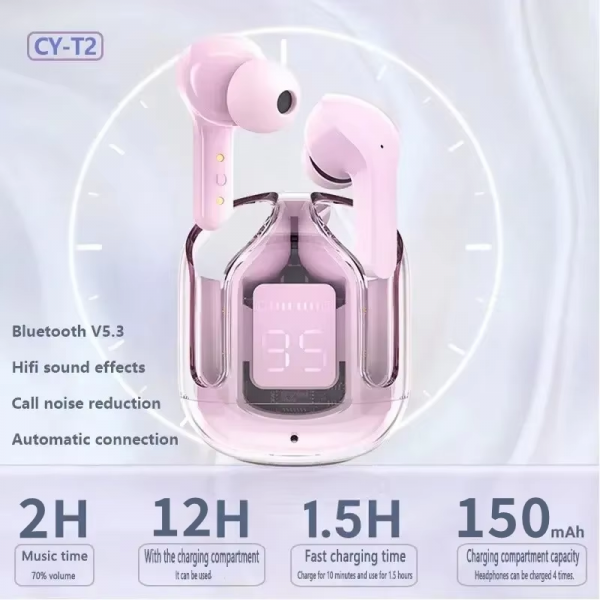 Original T2 Wireless Bluetooth Earphone Transparent HIFI Headphones LED Power Digital Display Stereo Sound Earphones for Xiaomi - Image 3