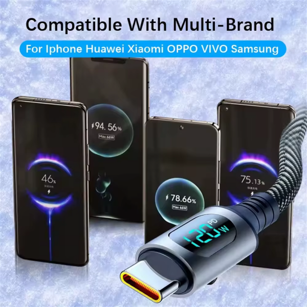 6A 120W USBA to Type C Super Fast Charge Cable Nylon Data Cord for Xiaomi POCO Samsung with Led Digital Display Cable - Image 7