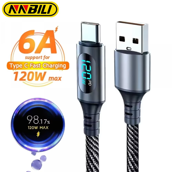 6A 120W USBA to Type C Super Fast Charge Cable Nylon Data Cord for Xiaomi POCO Samsung with Led Digital Display Cable - Image 2