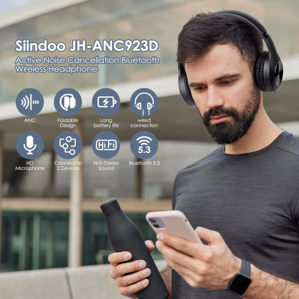 JH-ANC923 Active Noise Cancelling Wireless Headset Foldable Over-Ear Bluetooth Headphone with Mic Hi-Fi Stereo Deep Bass - Image 3