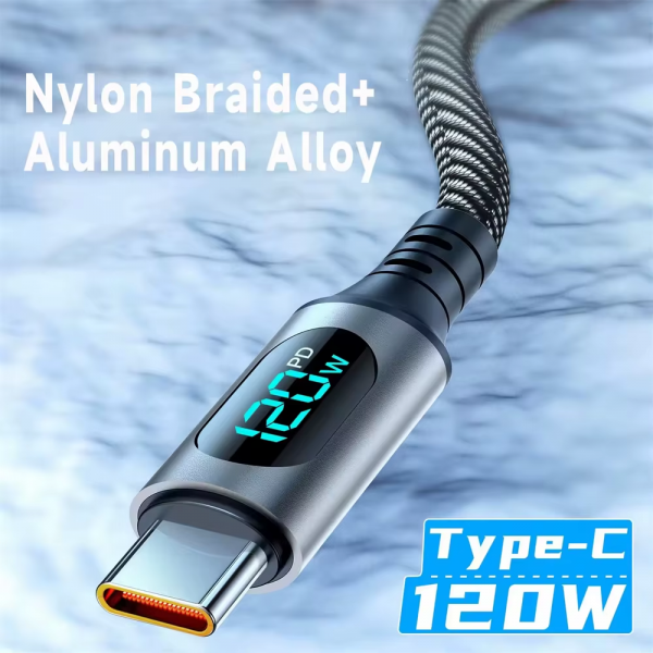 6A 120W USBA to Type C Super Fast Charge Cable Nylon Data Cord for Xiaomi POCO Samsung with Led Digital Display Cable - Image 3