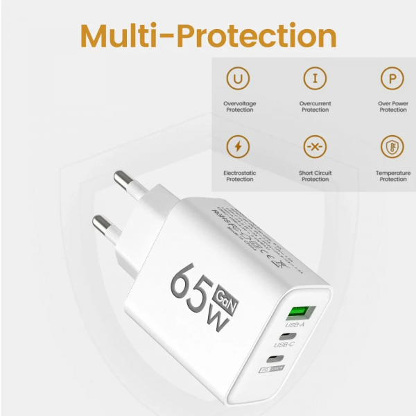 Total 65W Gan Charger USB PD Type C Fast Charging Muti 3 Ports Mobile Phone Adapter for Iphone 15 Pro Max Samsung Xiaomi Huawei - Image 6